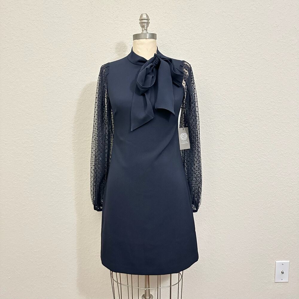 VINCE CAMUTO Shift Cocktail Dress Navy Blue Bow Sheer LS Party NWT